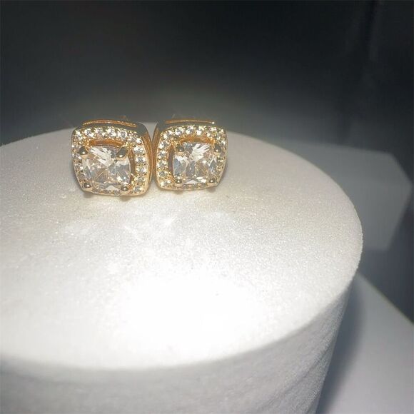 Fashion Jewelry Gold Plated Cushion Cut CZ Stud Earrings Screw Back - Picture 4 of 11